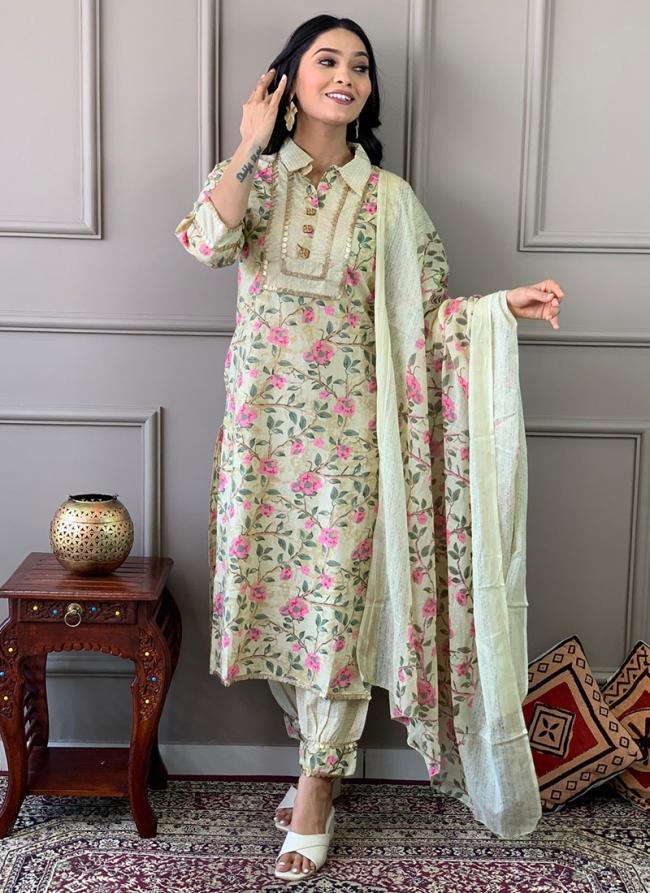 Pure Cotton Pista Green Party Wear Printed Readymade Printed Suit